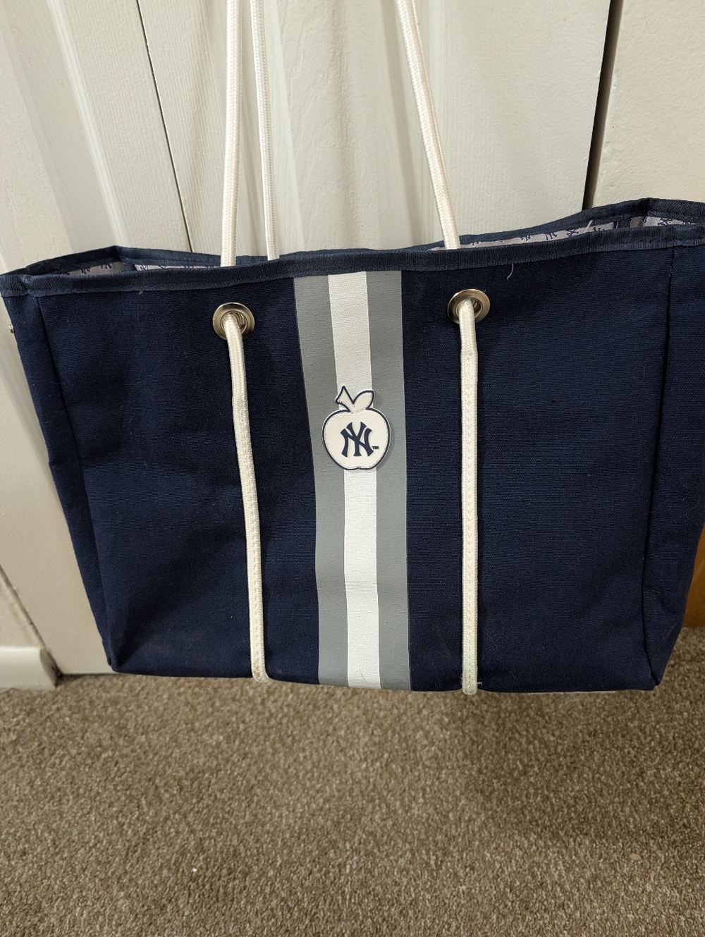 Navy Canvas Stripe Tote with Rope Handles